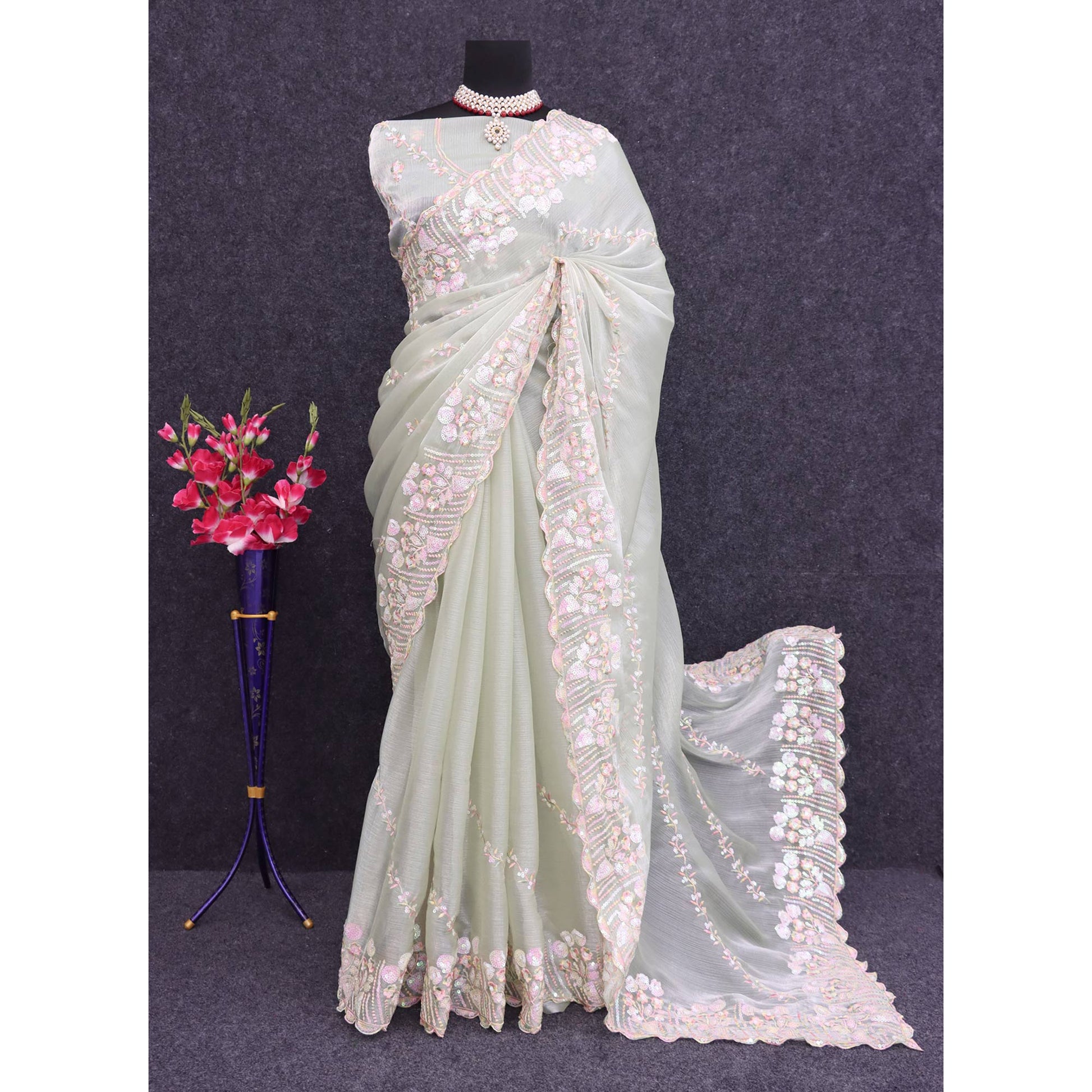 Light Pista Green Sequins Embroidered Chiffon Saree