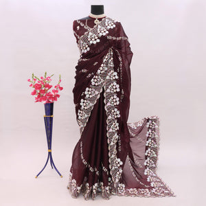 Dark Maroon Sequins Embroidered Chiffon Saree