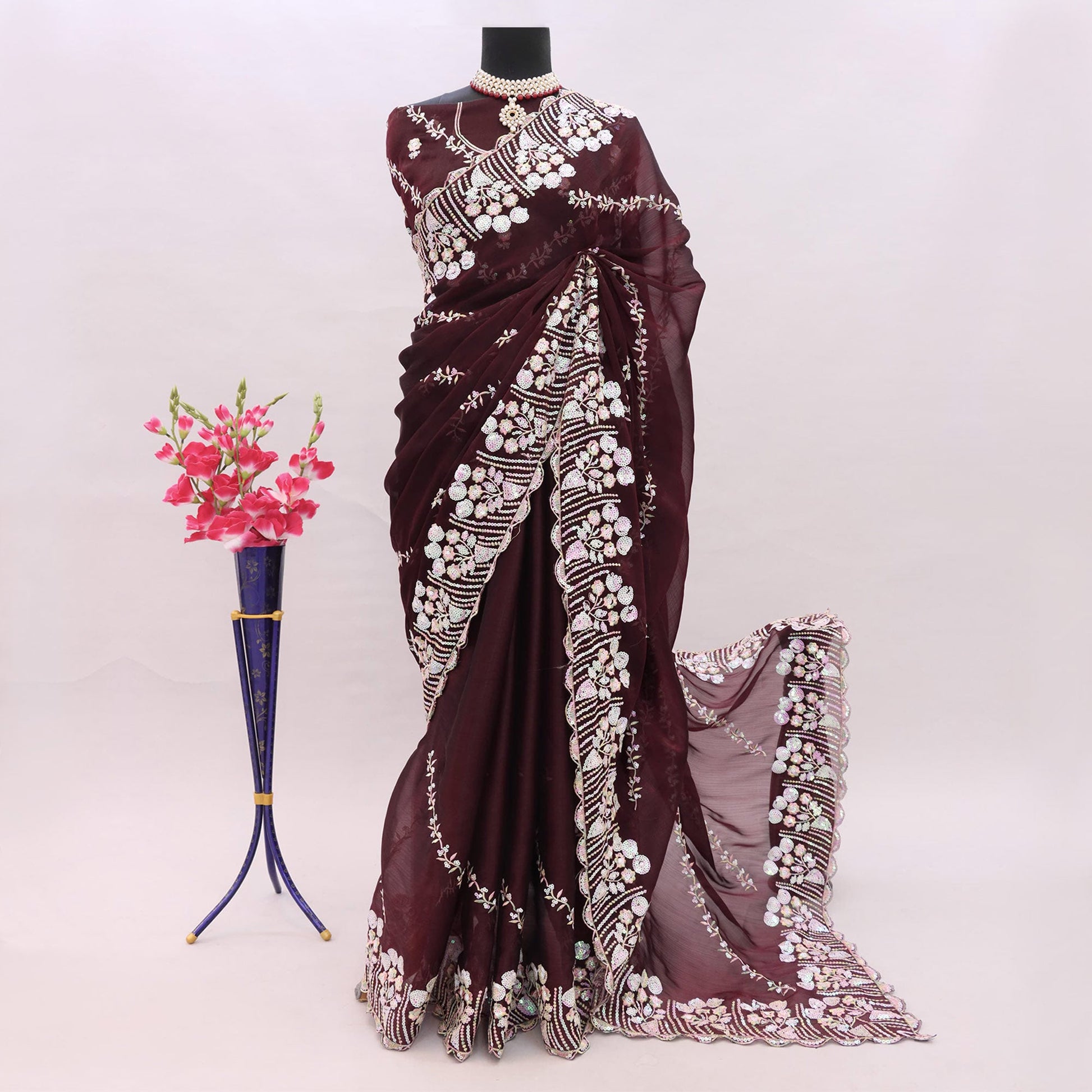 Dark Maroon Sequins Embroidered Chiffon Saree
