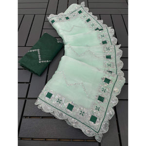 Light Green Sequins Embroidered Chiffon Saree