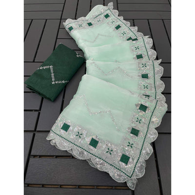 Light Green Sequins Embroidered Chiffon Saree