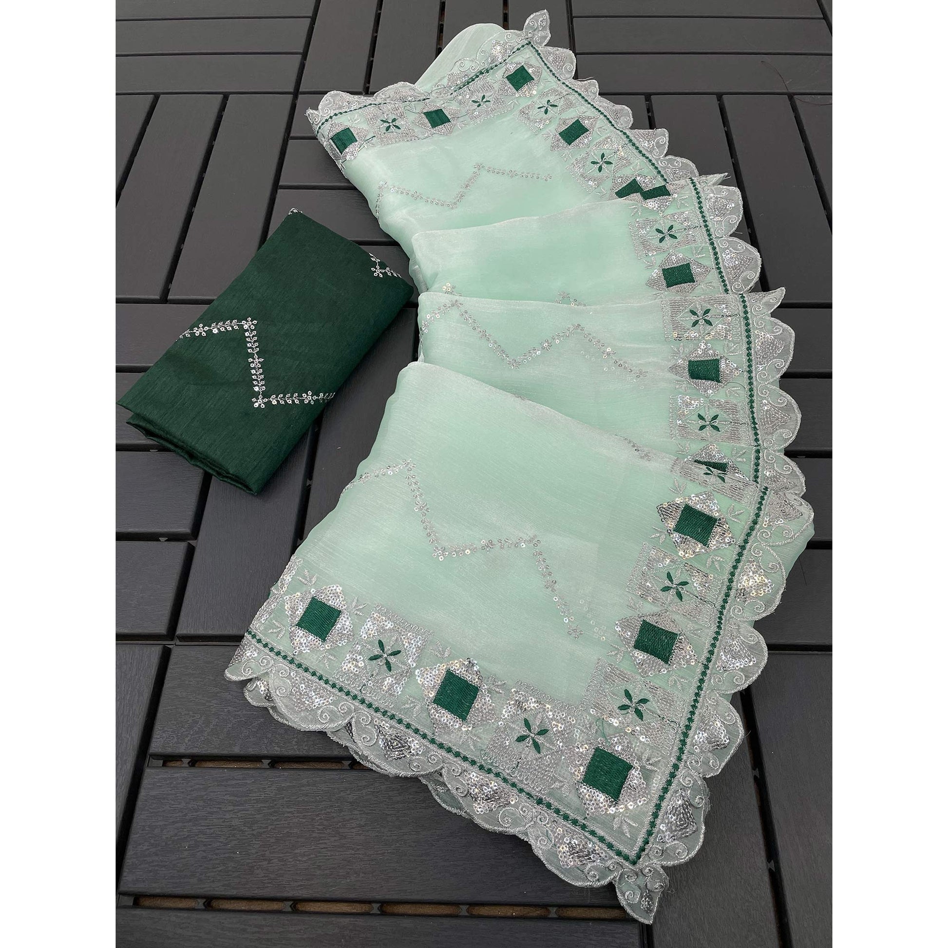 Light Green Sequins Embroidered Chiffon Saree