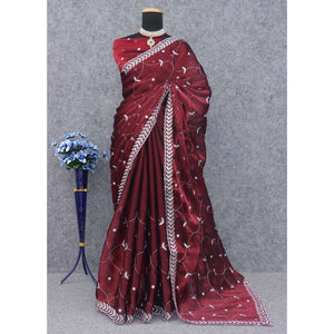 Maroon Sequins Embroidered Chiffon Silk Saree