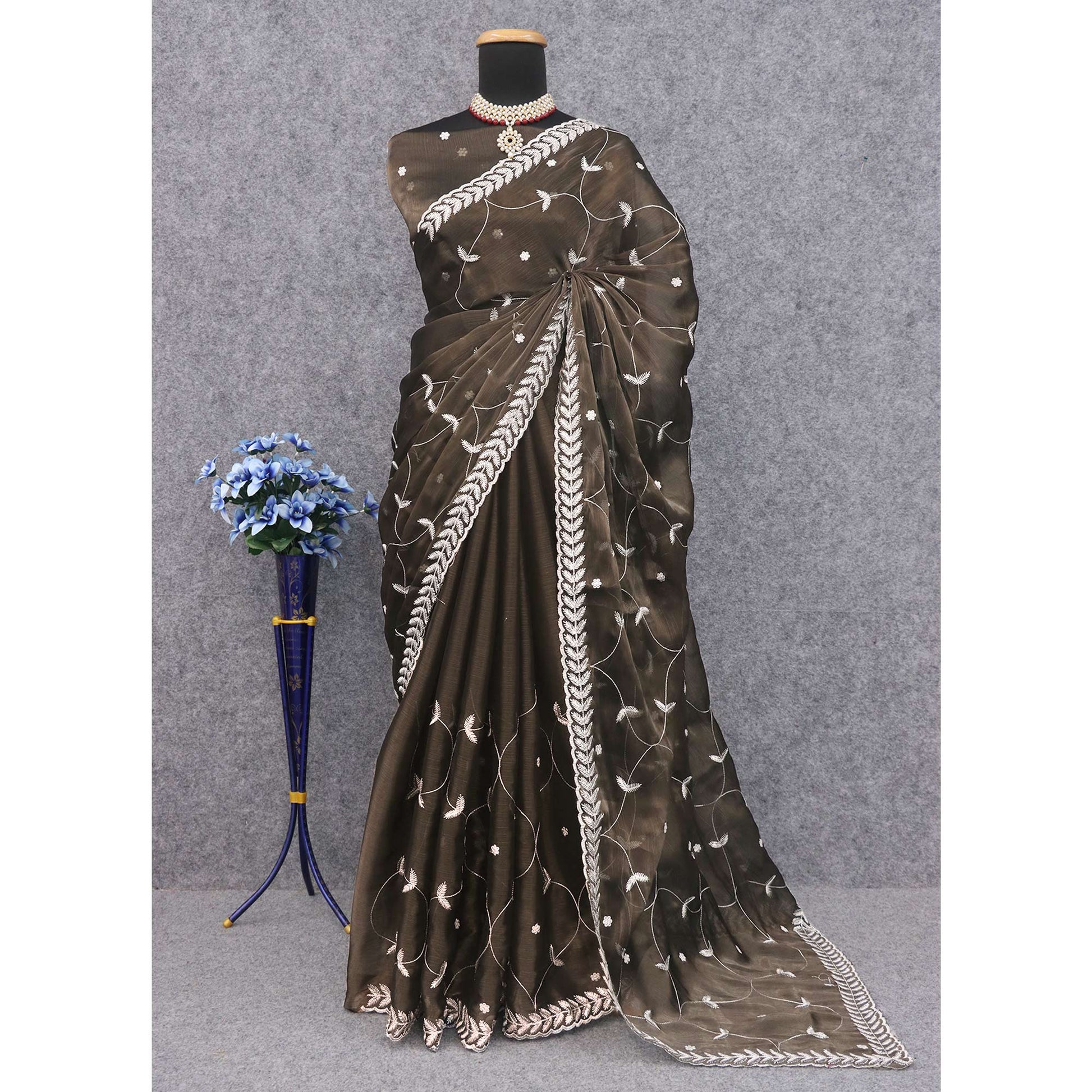 Mehendi Green Sequins Embroidered Chiffon Silk Saree