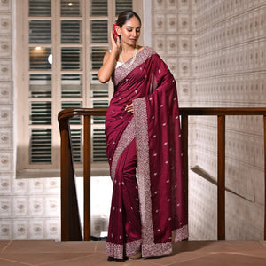 Maroon Embroidered Vichitra Silk Saree