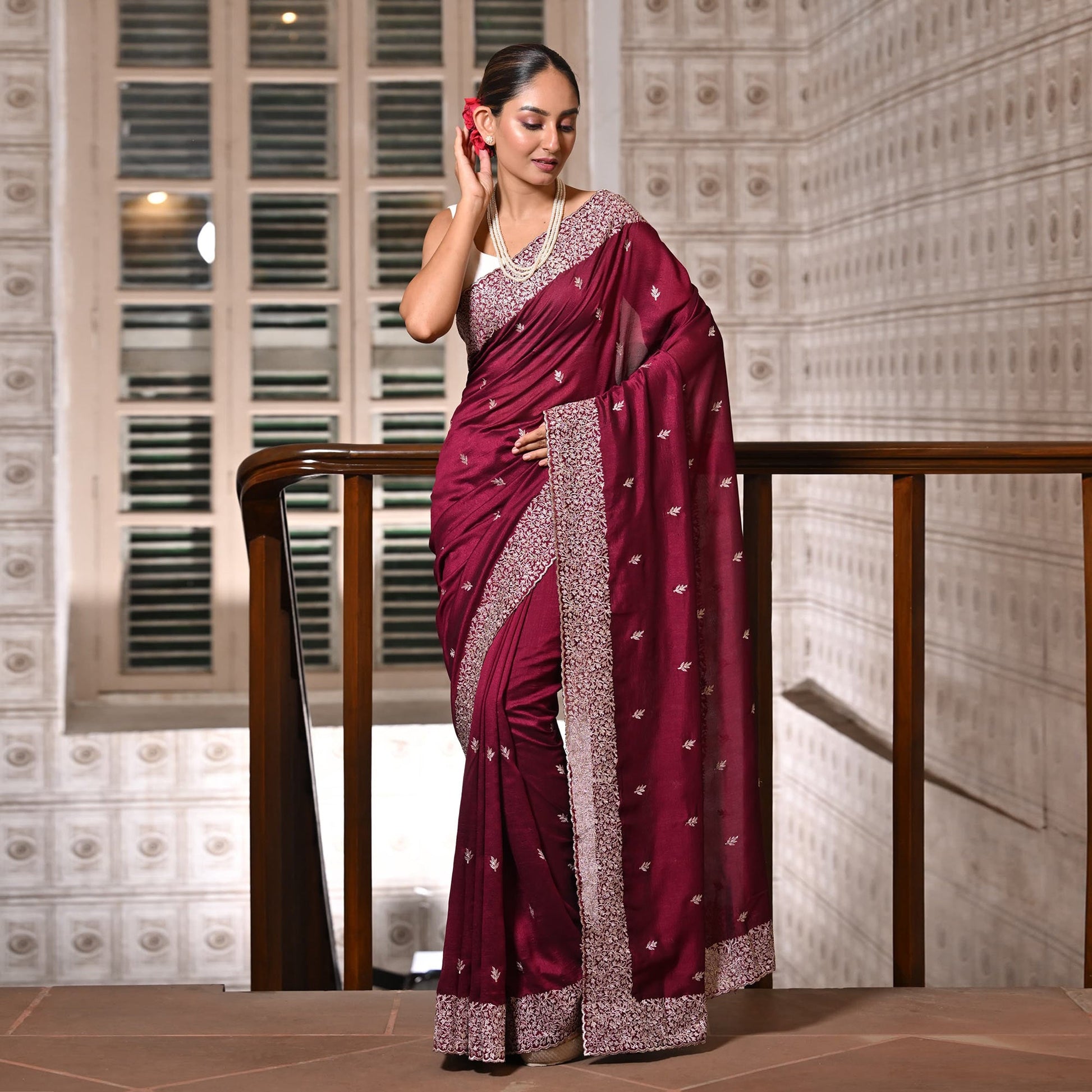 Maroon Embroidered Vichitra Silk Saree