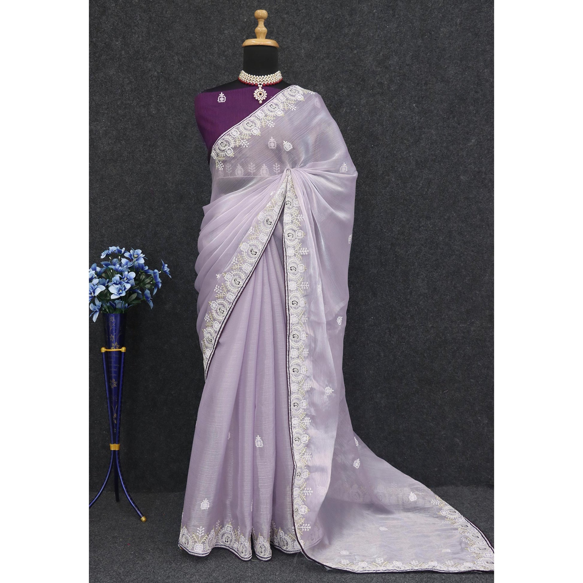 Lavender Sequins Embroidered Chiffon Silk Saree