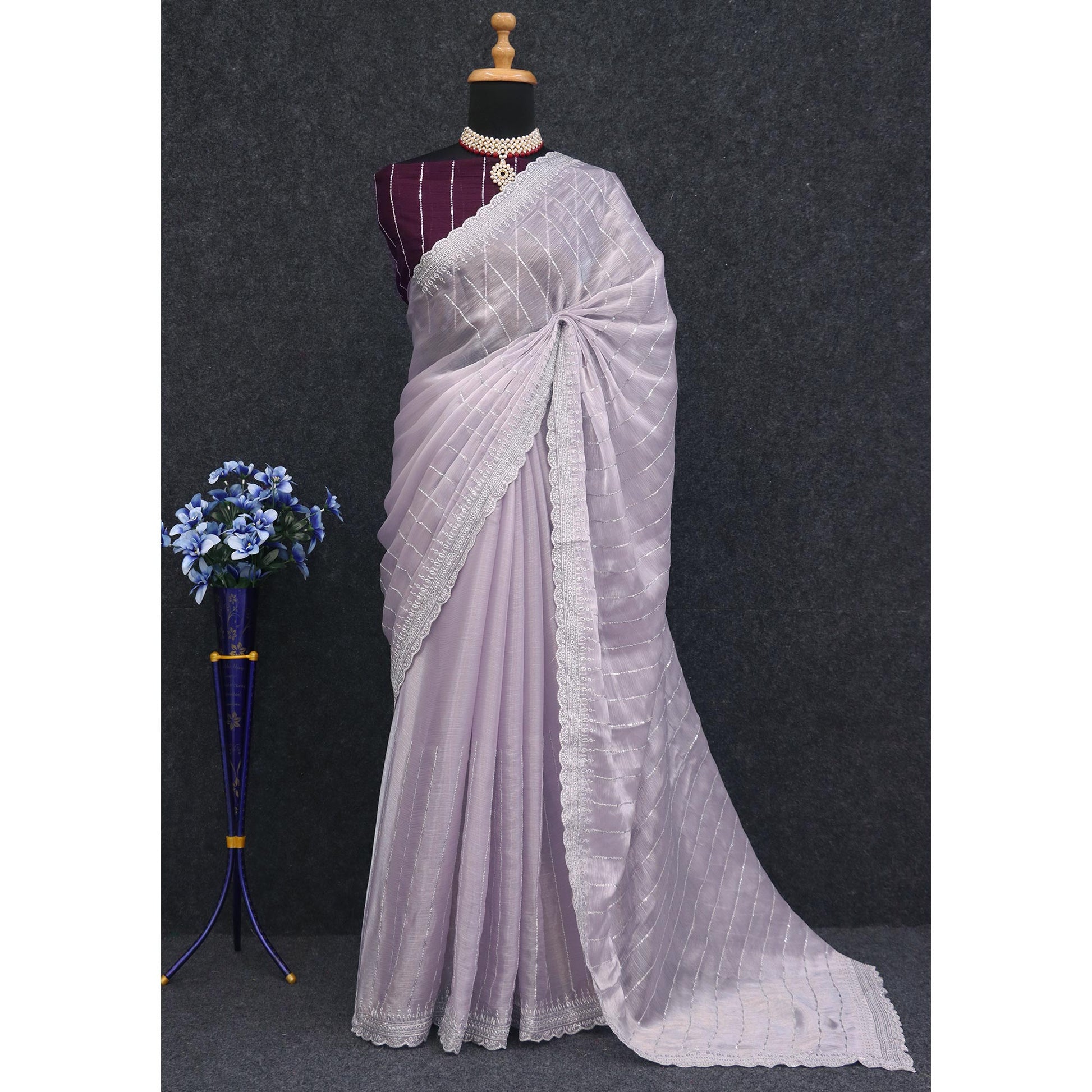 Lavender Sequins Embroidered Chiffon Silk Saree