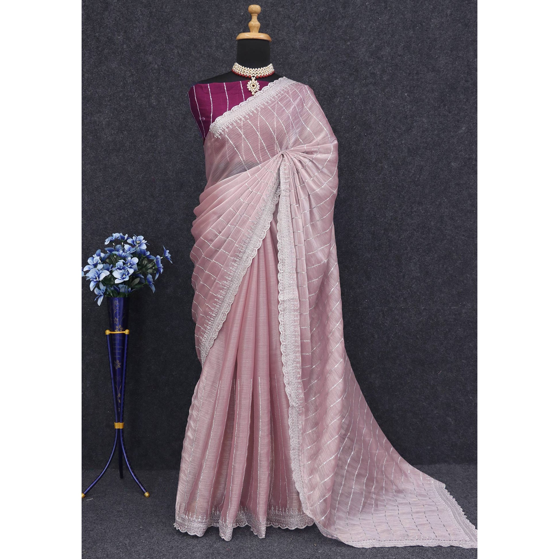 Light Mauve Sequins Embroidered Chiffon Silk Saree