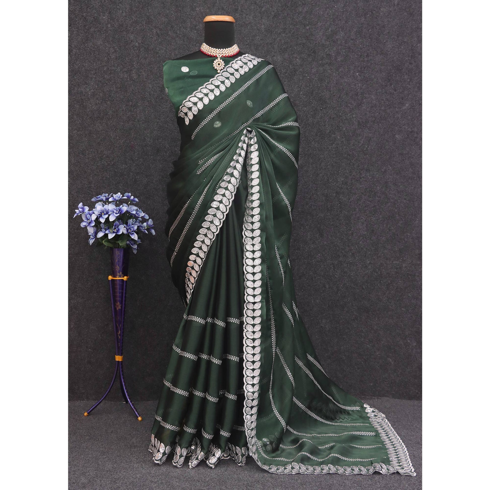 Bottle Green Sequins Embroidered Chiffon Silk Saree
