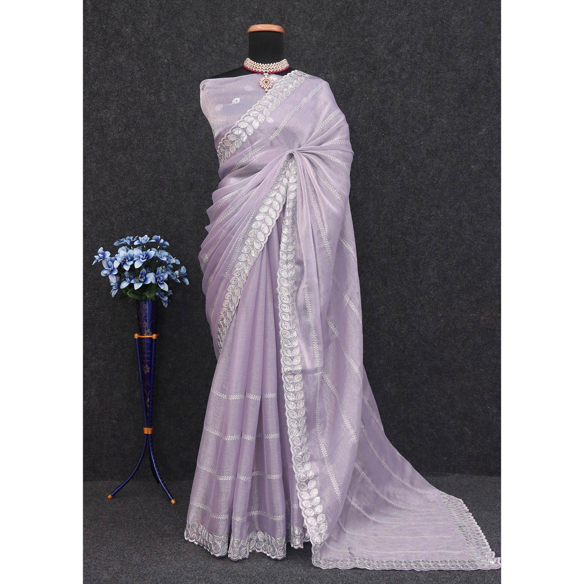 Lavender Sequins Embroidered Chiffon Silk Saree