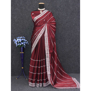 Maroon Sequins Embroidered Chiffon Silk Saree