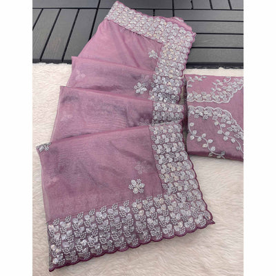 Mauve Floral Embroidered Net Saree