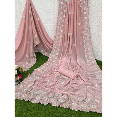Dusty Pink Floral Sequins Embroidered Crepe Silk Saree