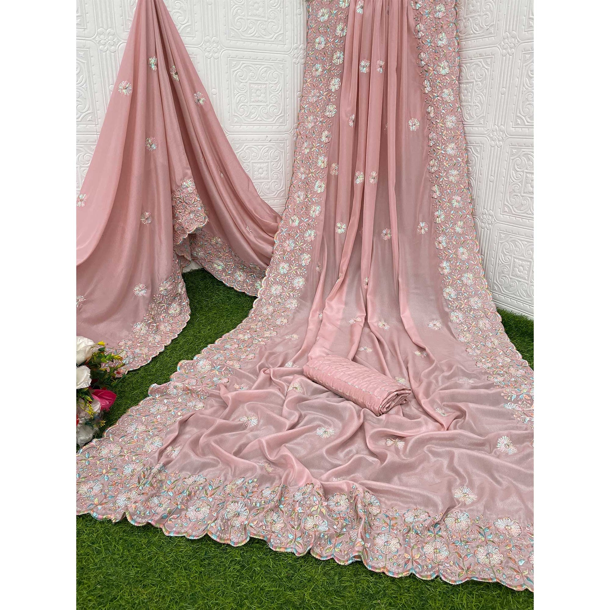 Dusty Pink Floral Sequins Embroidered Crepe Silk Saree