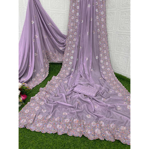 Light Purple Floral Sequins Embroidered Crepe Silk Saree