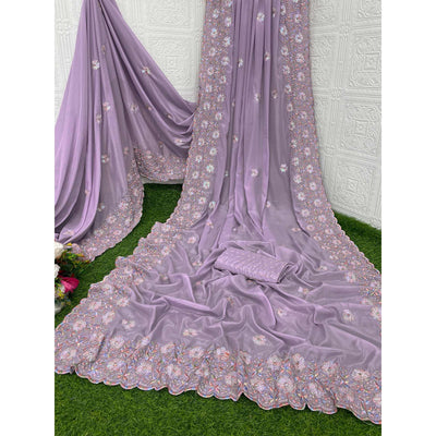 Light Purple Floral Sequins Embroidered Crepe Silk Saree