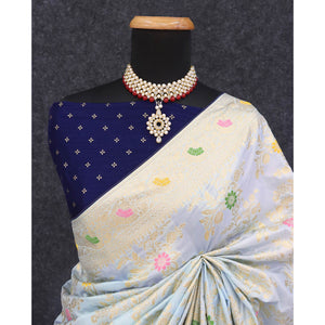 Light Sky Blue Floral Zari Work Woven Dola Silk Saree