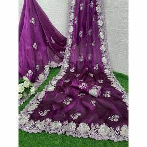 Magenta Floral Embroidered Satin Saree