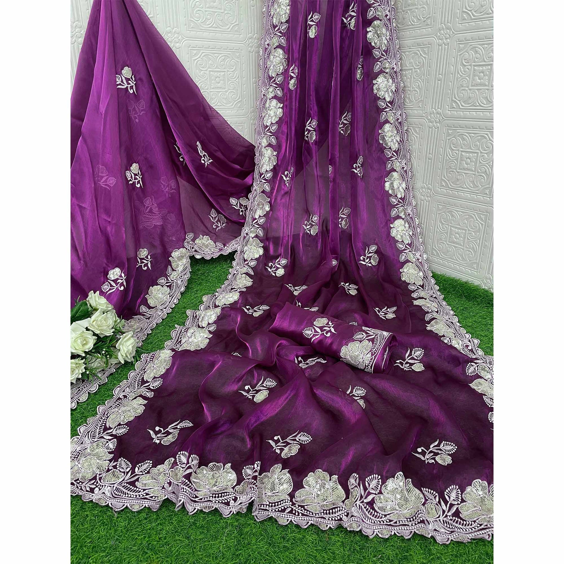 Magenta Floral Embroidered Satin Saree