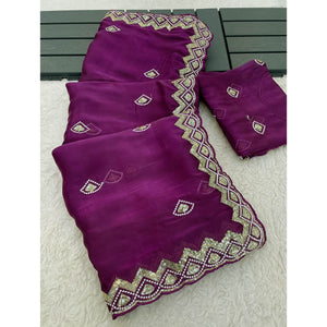 Magenta Sequins Embroidered Satin Saree