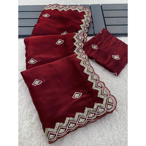 Maroon Sequins Embroidered Satin Saree
