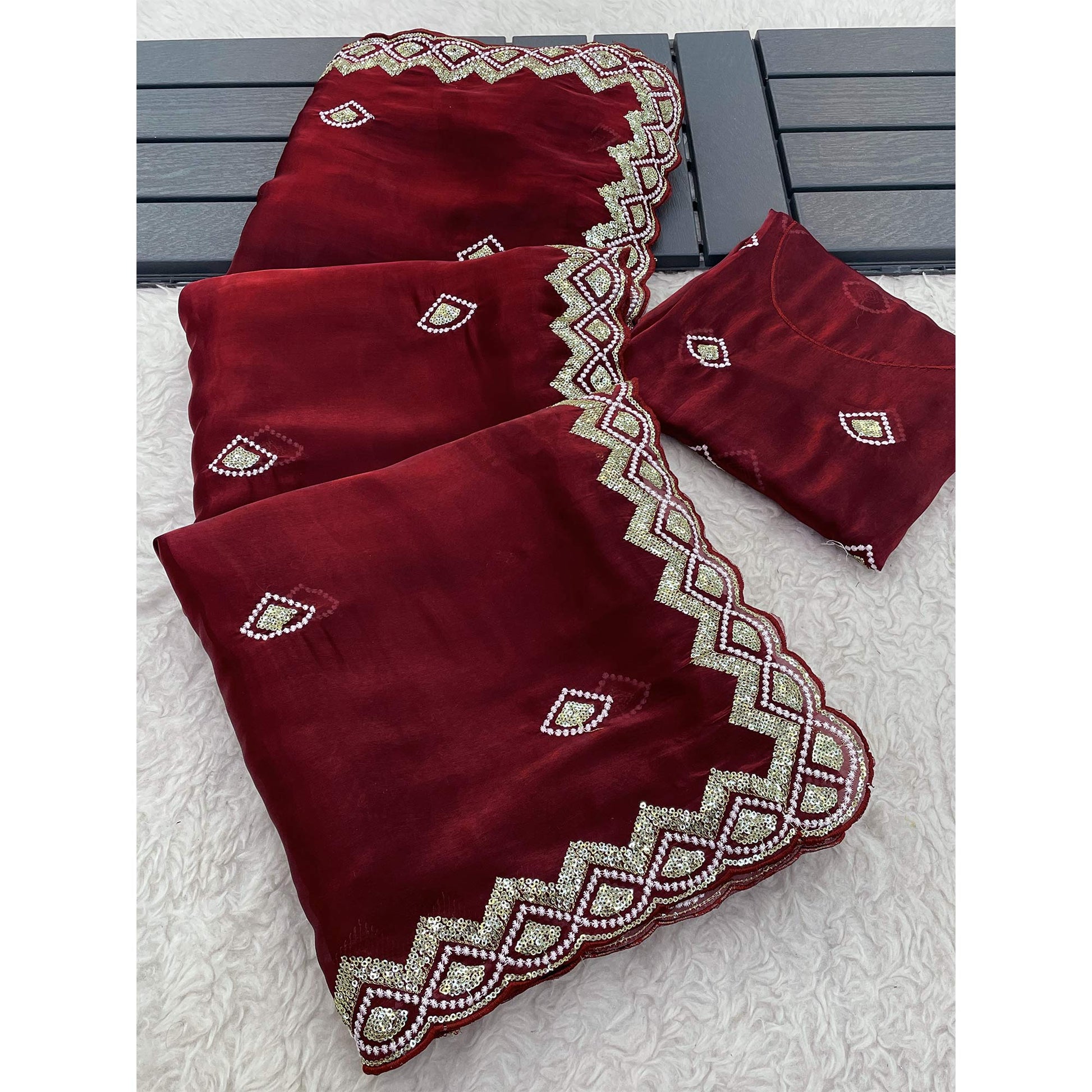 Maroon Sequins Embroidered Satin Saree