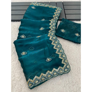 Morpich Blue Sequins Embroidered Satin Saree