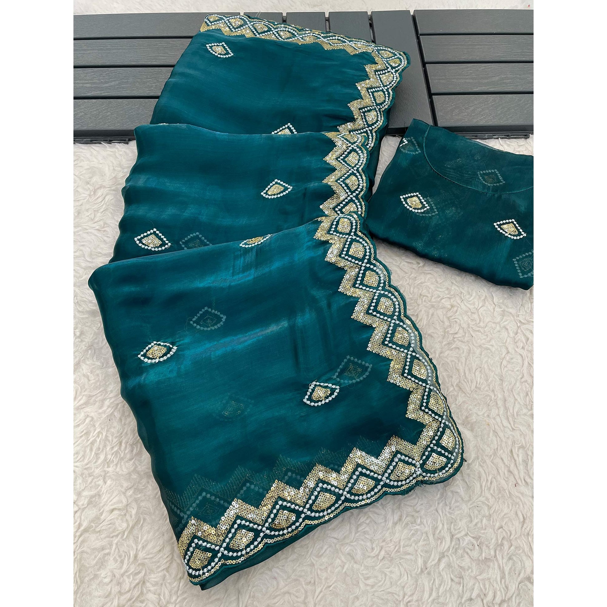 Morpich Blue Sequins Embroidered Satin Saree
