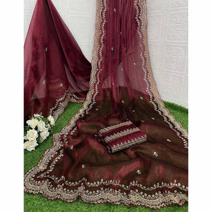 Maroon Embroidered Chiffon Saree