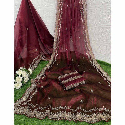 Maroon Embroidered Chiffon Saree