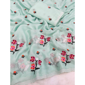 Mint Green Floral Embroidered Chiffon Saree