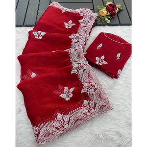 Maroon Sequins Embroidered Chiffon Saree