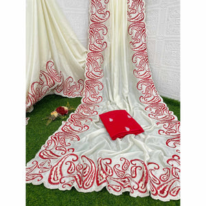 Off White Embroidered Vichitra Silk Saree