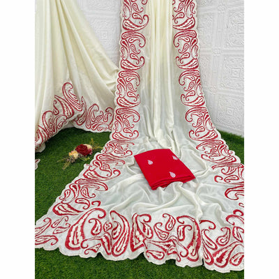 Off White Embroidered Vichitra Silk Saree