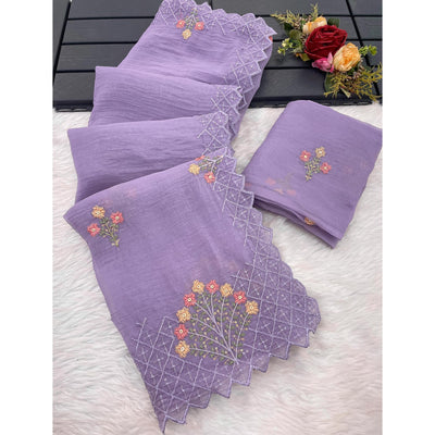 Lavender Floral Sequins Embroidered Art Silk Crush Saree