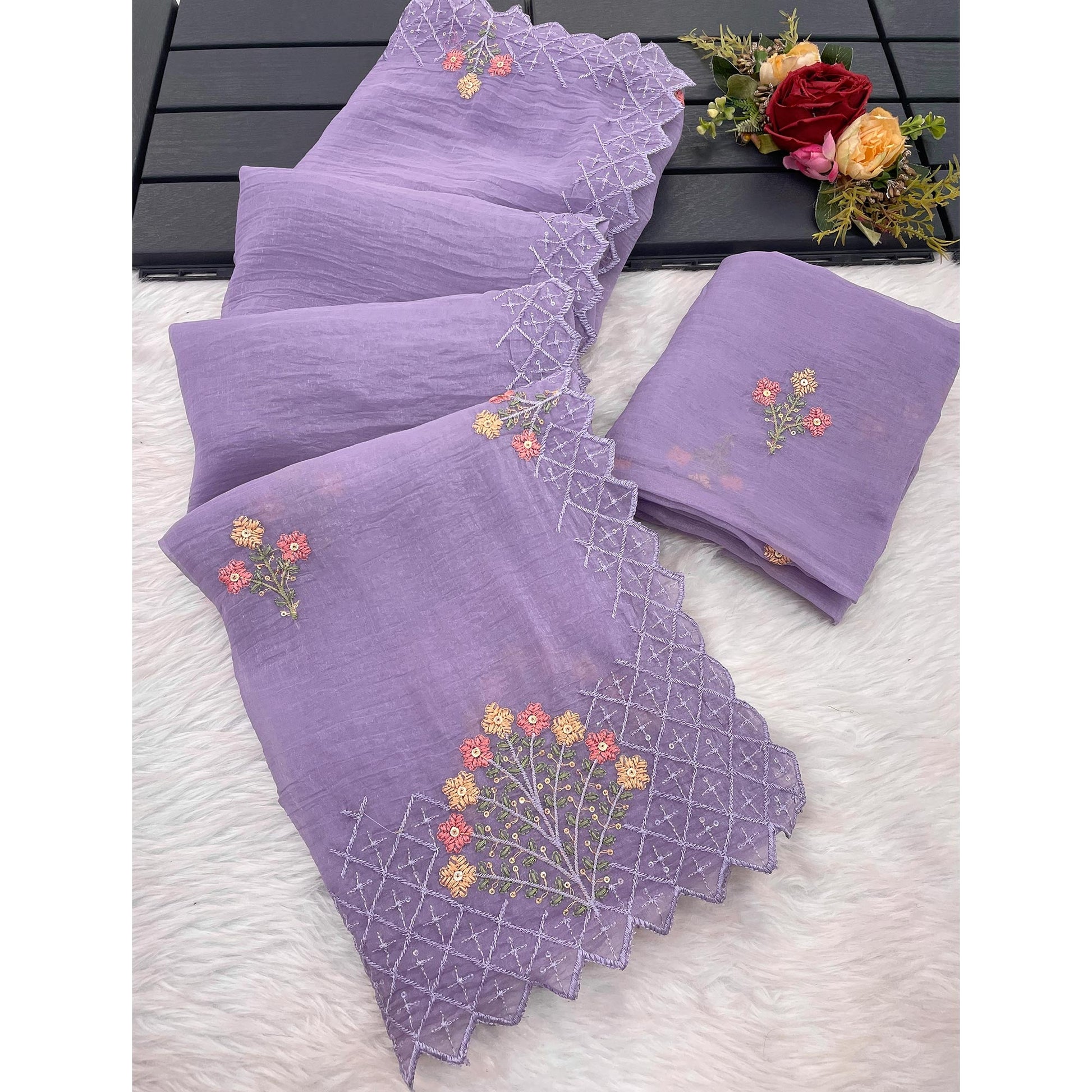 Lavender Floral Sequins Embroidered Art Silk Crush Saree