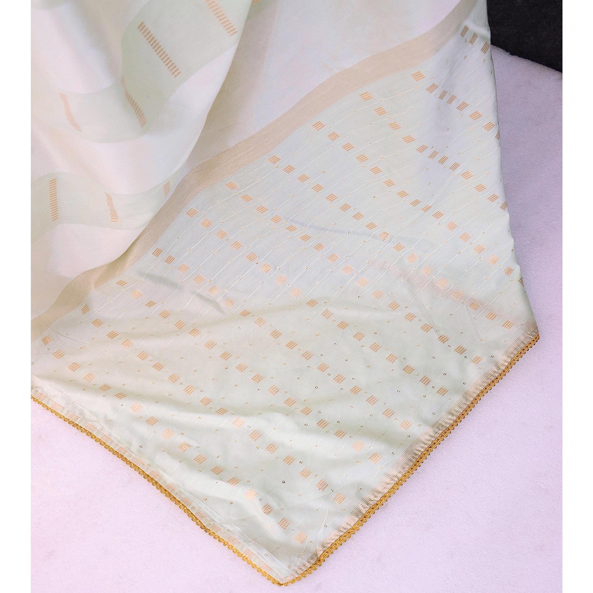 Light Pista Green Zari Woven With Sequins Work Tussar Silk Saree With Lace Border