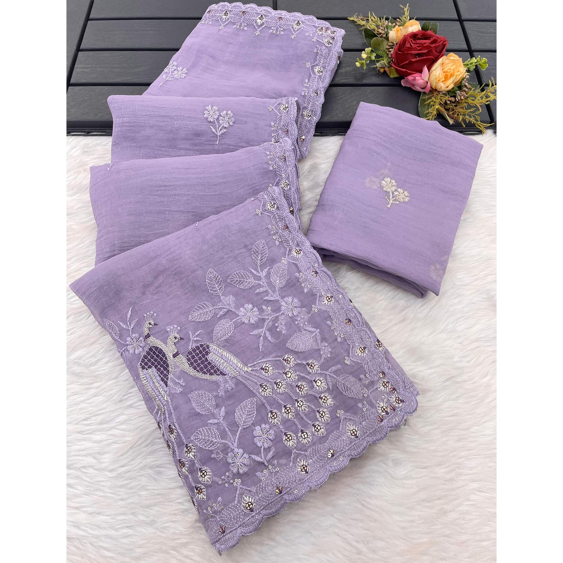 Light Lavender Floral Sequins Embroidered Art Silk Crush Saree