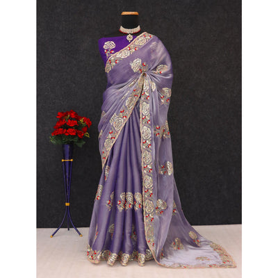 Lavender Sequins Work Embroidered Chiffon Saree