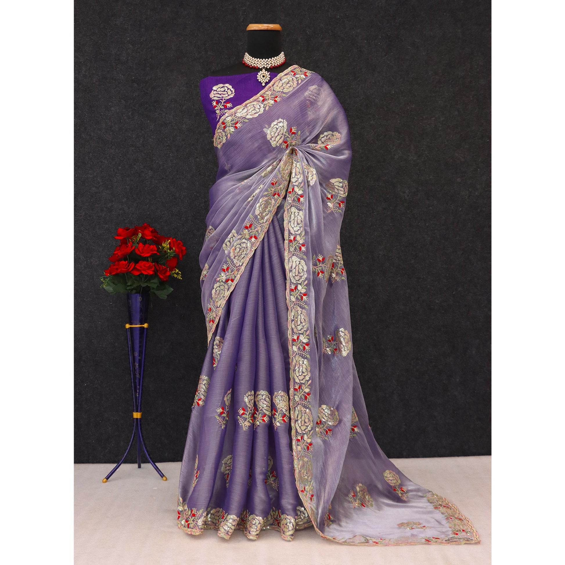 Lavender Sequins Work Embroidered Chiffon Saree