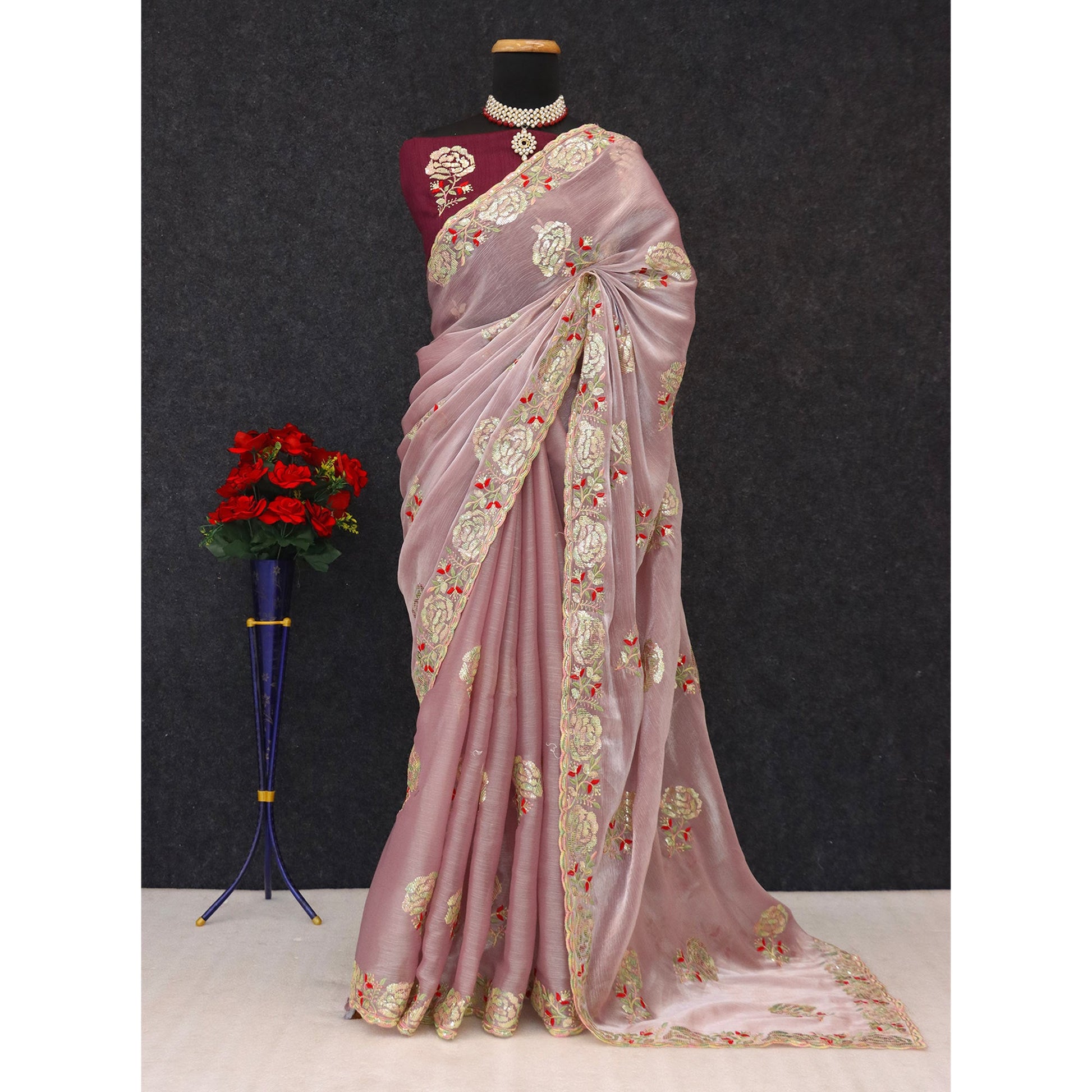 Light Pink Sequins Work Embroidered Chiffon Saree