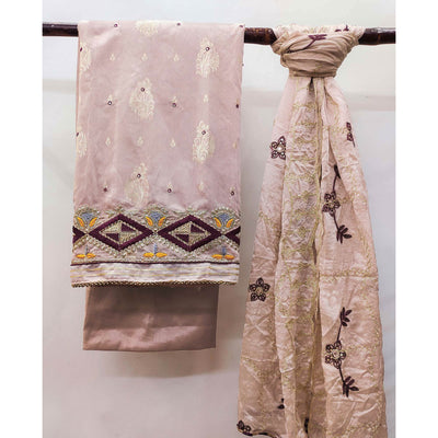 Mauve Floral Woven Banarasi Silk Dress Material
