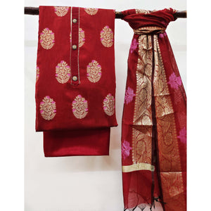 Maroon Floral Woven Banarasi Silk Dress Material
