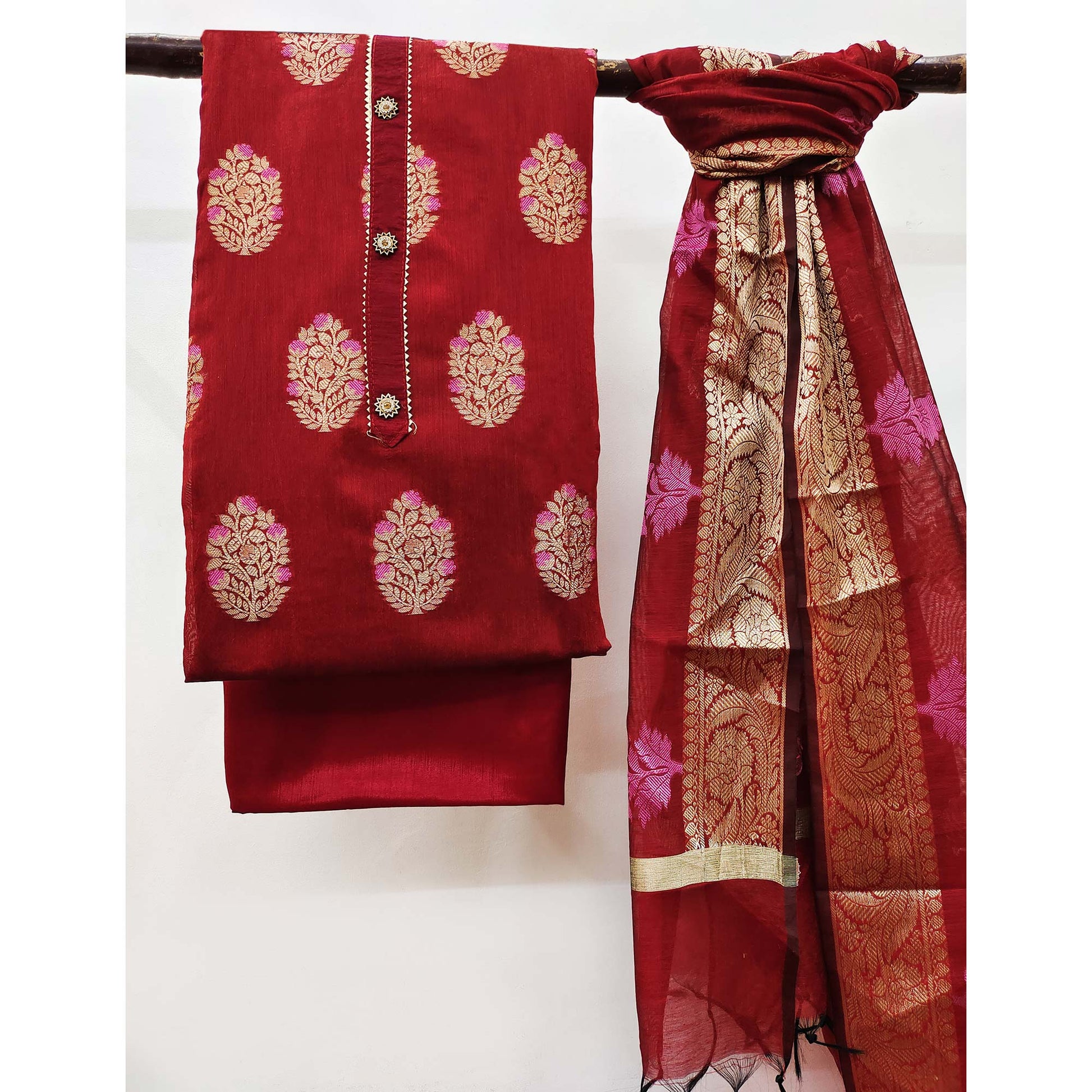 Maroon Floral Woven Banarasi Silk Dress Material