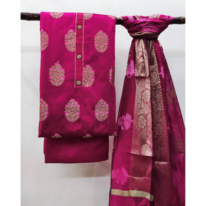 Magenta Pink Floral Woven Banarasi Silk Dress Material