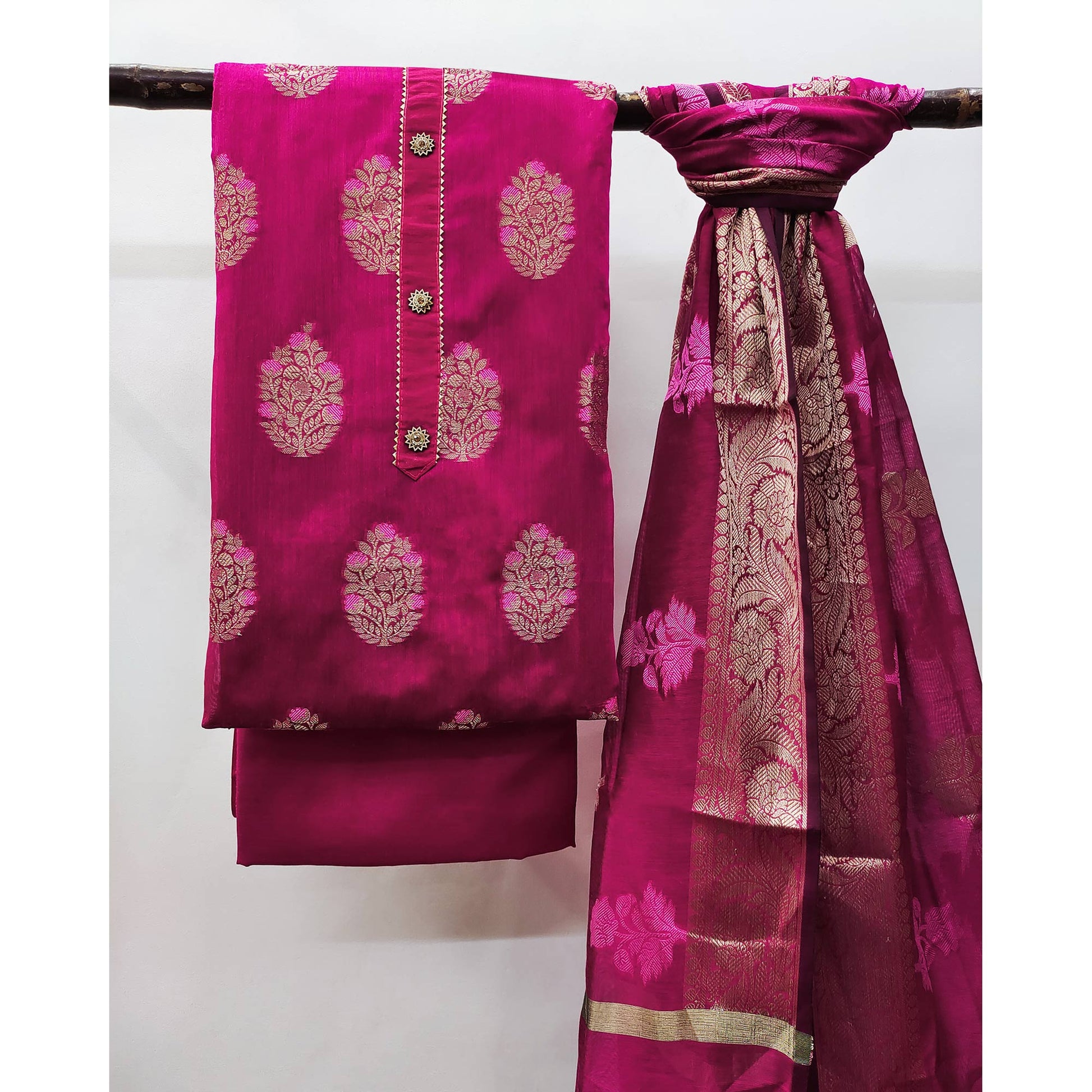 Magenta Pink Floral Woven Banarasi Silk Dress Material