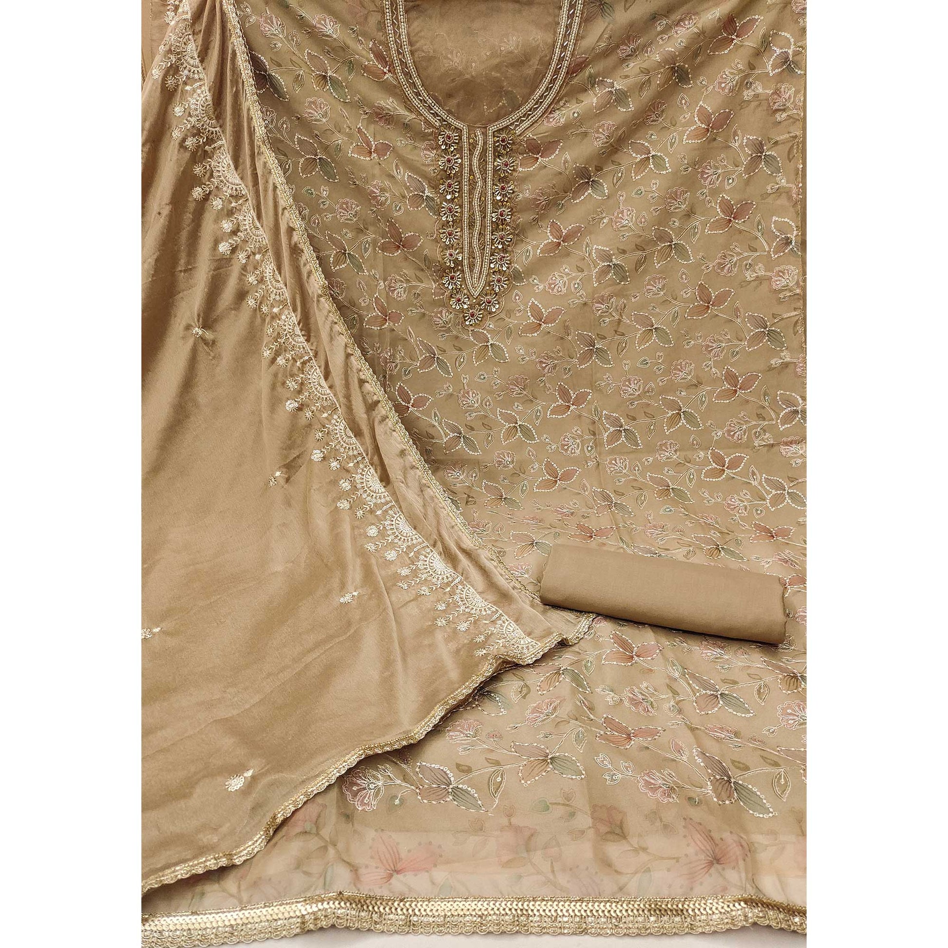 Chikoo Floral Hand Embroidered Organza Dress Material