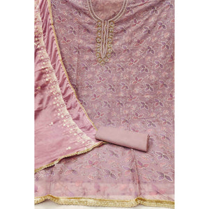 Mauve Floral Hand Embroidered Organza Dress Material