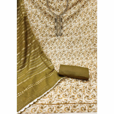 Mehendi Green Digital Printed With Hand Embroidered Muslin Dress Material